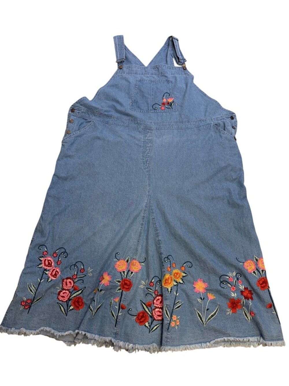 THE PYRAMID COLLECTION Bib Overalls Denim Dress Embroidery Flowers Raw Hem 3X